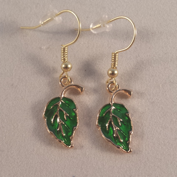 Gold Green Leaf Earrings Hypoallergenic Hooks! - Picture 1 of 2
